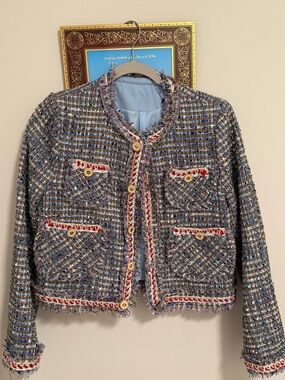 Textured Tweed Cropped Jacket in Blue, Brown & Cream